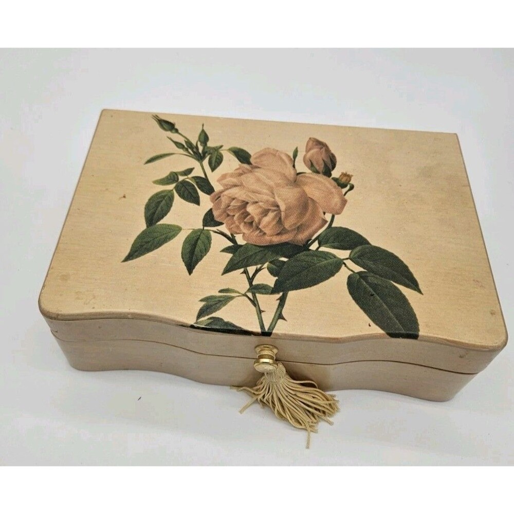 Wooden Jewelry Box,pink roses, keepsakes. Wind Up Music Box Inside. Vintage.